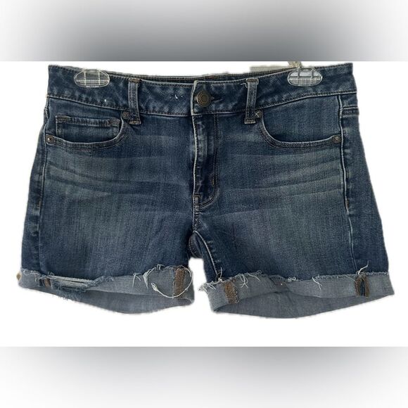 American Eagle 360° Super Stretch Distressed Folded Raw Hem Midi Denim Shorts 6 - Picture 1 of 7
